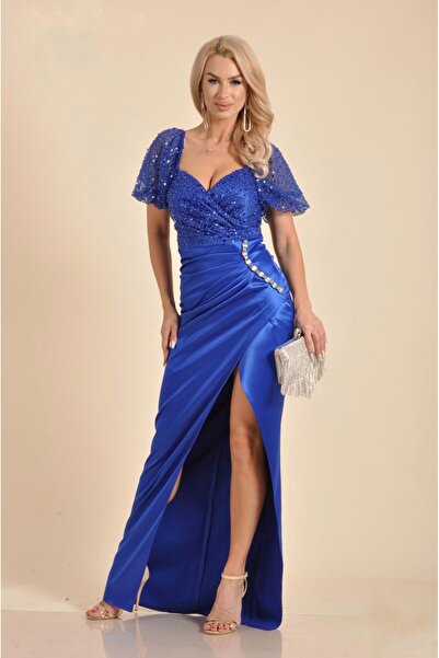 Simoda Iasi Long satin dress with sequins and opening on the leg