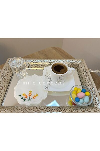 MİLE CONCEPT Etamin İşlemeli Keten Kumaş Kahve Yanı Kokteyl Sunum Peçetesi/ B...