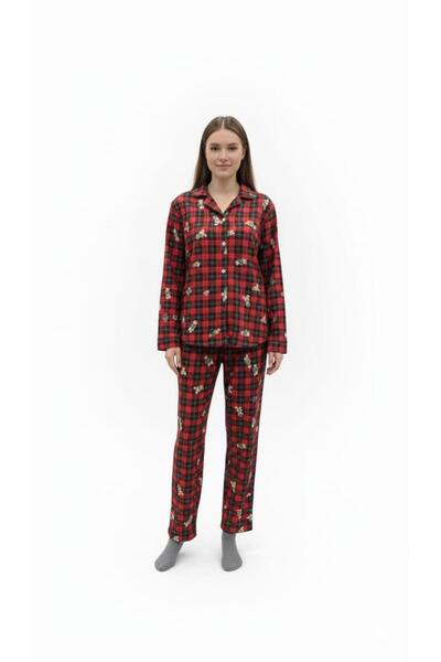 Butik Women's Red Teddy Bear Patterned Buttoned Long Sleeve Pajama Set
