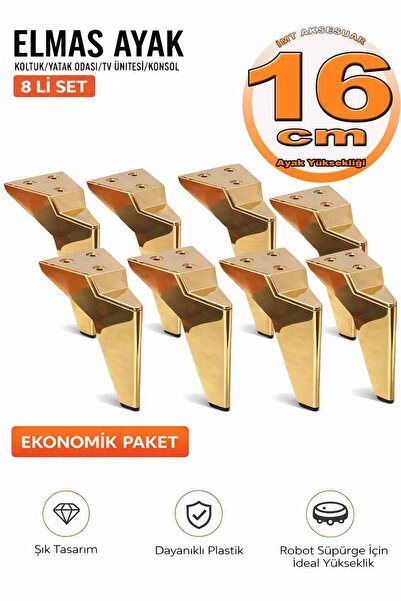 İMT AKSESUAR 16 cm Altın Elmas Ayak 8 Adet - Robot Süpürge Uyumlu Koltuk Dola...