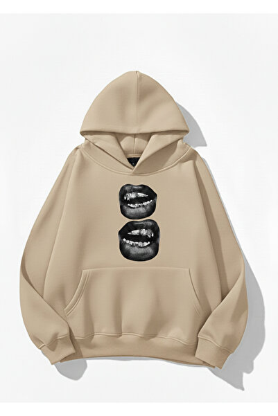 Mayer Butik Hanorac oversize cu glugă, imprimat cu buze, unisex, pentru femei...