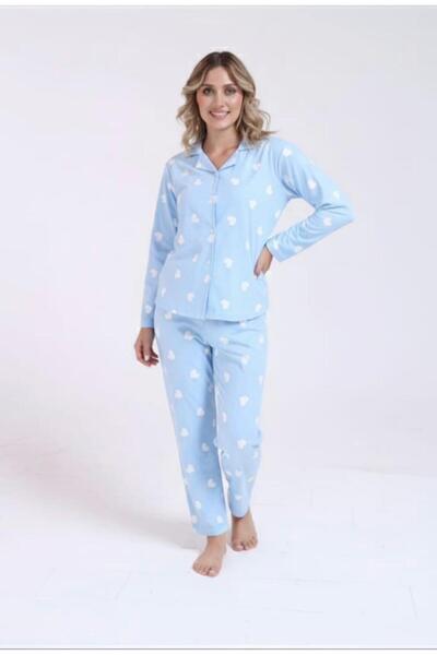 Butik Women's Light Blue Heart Patterned Buttoned Long Sleeve Cotton Pajamas Set