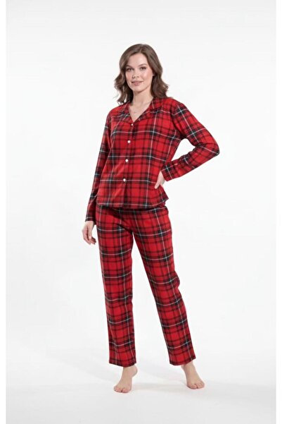 Butik Plaid Pattern Buttoned Long Sleeve Women's Pajama Set