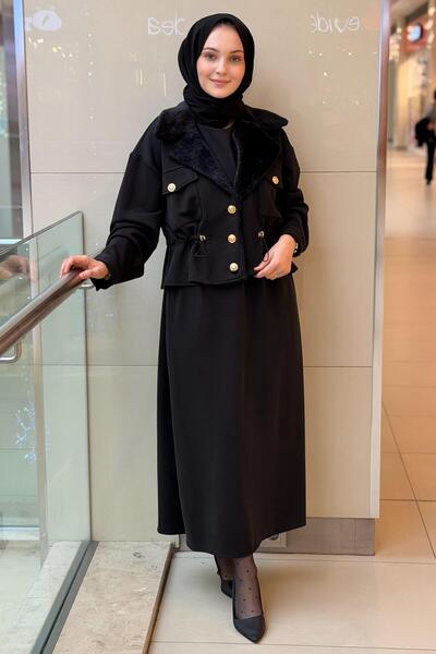 Mahal Double-Breasted Lapel Gold Button Jacket Sleeveless Dress 2-Piece Set