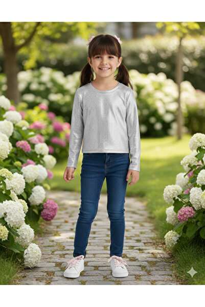 Dudese Kız Çocuk Gümüş Işıltılı Uzun Kollu Bluz