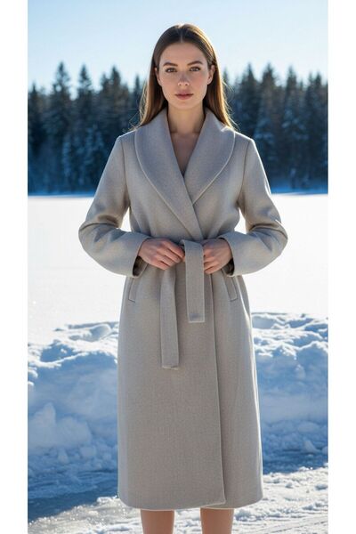 Moda Banuş Women's Belted Pocketed Slit Cashmere Coat Stone Color