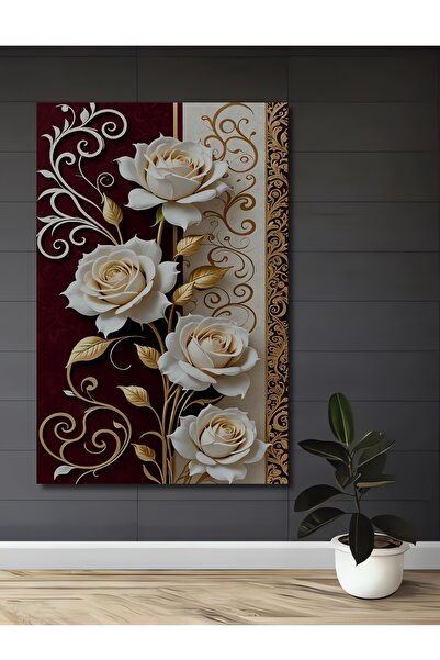 Teona Ahşap Trandafir alb cu frunze aurii cu model Tablou din lemn cu aspect ...