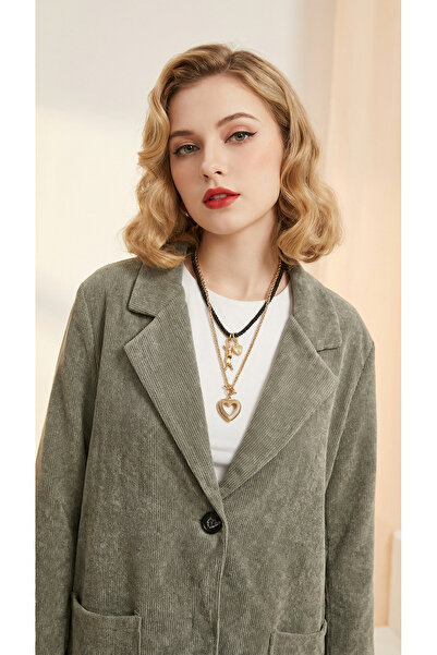 Matcha Butik Women's Italian Khaki Velvet O Oversized Vintage Blazer Jacket