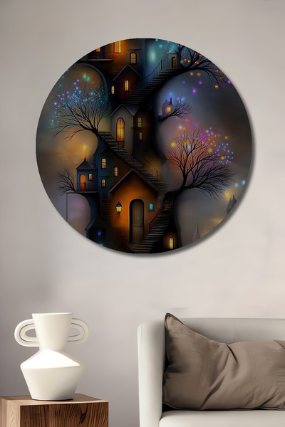 Teona Ahşap Peisaj cu case din copaci magici, pictură în ulei, tablou decorat...