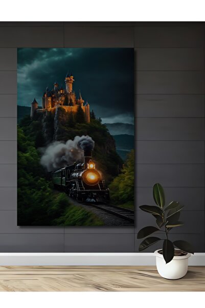 Teona Ahşap Pictură decorativă pe lemn cu trenul cu aburi în fața castelului ...