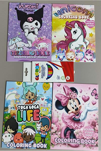 ada çanta kırtasiye 4 adet stickerli boyama kitabı ve 12'li kuru boya kalemi ...