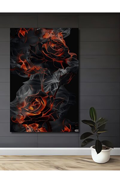 Teona Ahşap Tablou din lemn cu artă digitală Trandafir Negru în flăcări