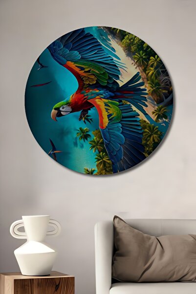 Teona Ahşap Pictură murală rotundă cu papagal colorat, pe litoral tropical, s...