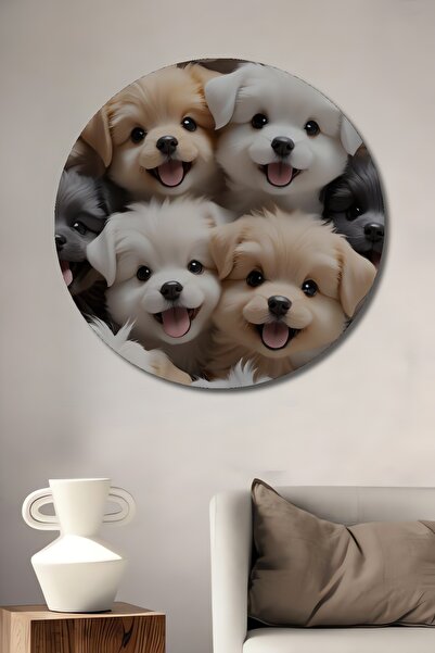 Teona Ahşap Pictură decorativă rotundă pe perete cu cățeluși drăguți cu aspec...