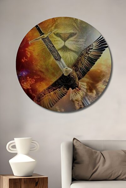 Teona Ahşap Ελαιογραφία με σχέδιο Λιοντάρι, Αετό και Σπαθί, Ξύλινο Διακοσμητι...