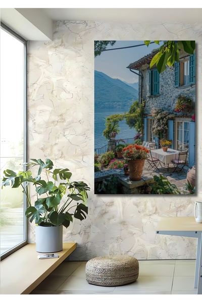 Teona Ahşap Casă de piatră pe malul lacului, grădină cu flori, tablou decorat...