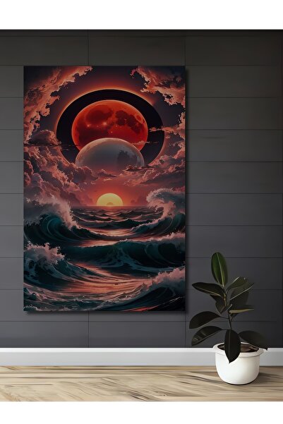 Teona Ahşap Lună roșie și valuri - Tablou decorativ din lemn cu aspect de pic...