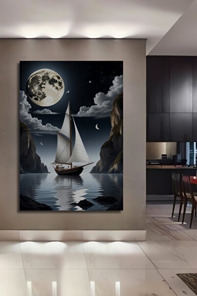 Teona Ahşap Barcă cu pânze, peisaj cu lumina lunii, pictură în ulei, tablou d...