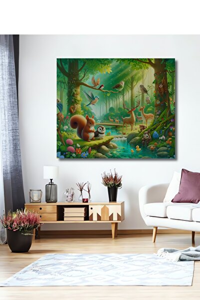 Teona Ahşap Tablou decorativ din lemn cu aspect de acuarelă cu animale din pă...