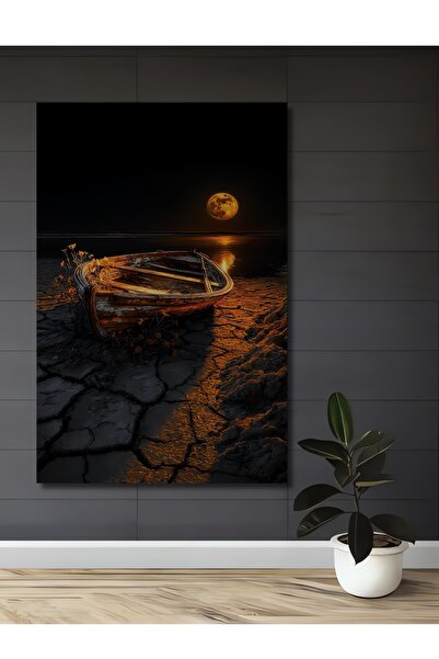 Teona Ahşap Pictură artistică cu barcă și lună plină, cu aspect de vopsea în ...