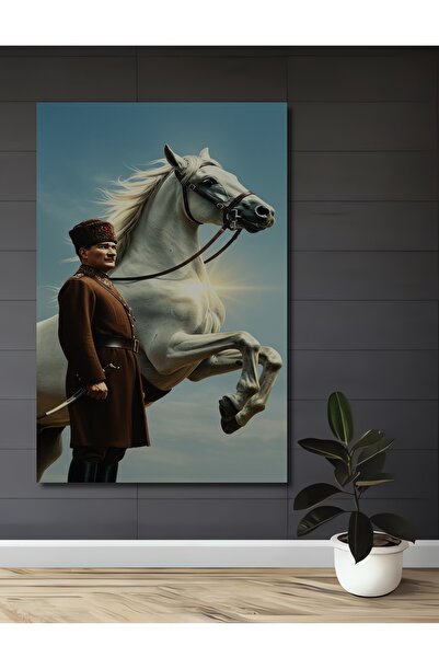 Teona Ahşap Διακοσμητικό ξύλινο πίνακα Ατατούρκ με ελαιογραφία με άλογο σε λε...