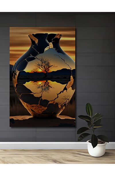 Teona Ahşap Vază spartă, peisaj de apus de soare, pictură decorativă din lemn...