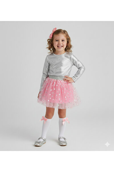 Dudese Kız Çocuk Gümüş Parıltılı Bluz ve Kalp Desenli Pembe Tütü Etek Takımı