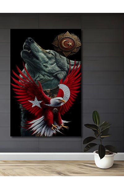 Teona Ahşap Türk Bayraklı Kartal ve Kurt Detaylı Yağlı Boya Görünümlü Dekorat...