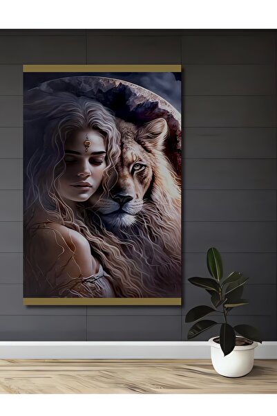 Teona Ahşap Întâlnirea magică a femeii misterioase și a leului, tablou decora...