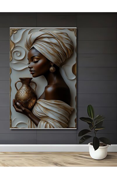 Teona Ahşap Altın Dokunuşlu Afrikalı Kadın Yağlı Boya Görünümlü Dekoratif Ahş...