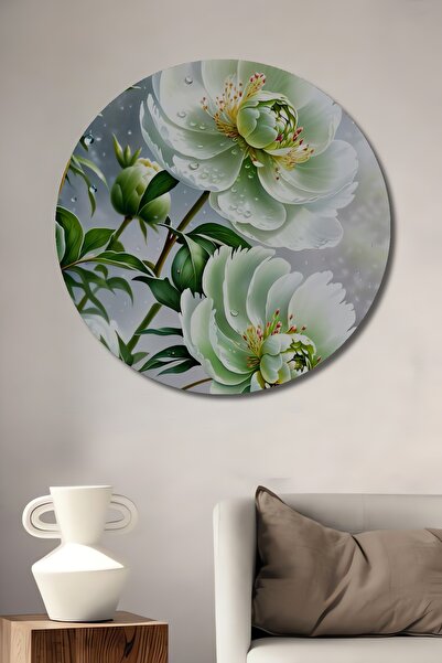 Teona Ahşap Pictură decorativă rotundă de perete cu aspect de lemn, cu peonii...
