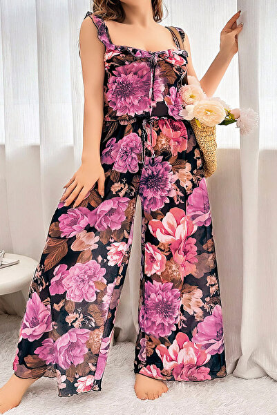 Viselya Büyük Çiçekli Büyük Beden Yazlık Pijama Takımı