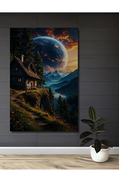 Teona Ahşap Casă din lemn cu vedere la planete mari, tablou decorativ din lem...