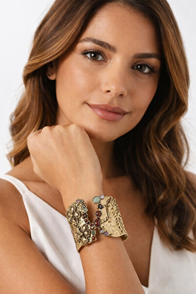 Miruva Marka Model Vintage Taşlı Altın Renk Kadın Kelepçe — Zarif Çiçek Detay