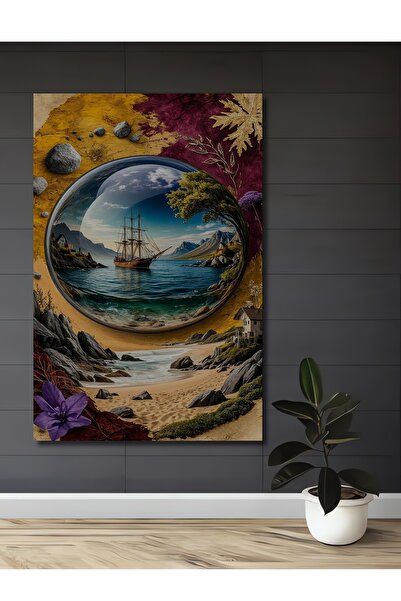 Teona Ahşap Pictură decorativă din lemn cu glob de cristal magic și peisaj marin