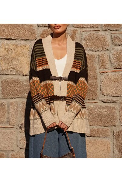 Lavanta Tekstil Ethnic Pattern Belted Cardigan