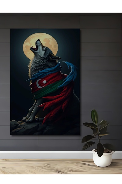 Teona Ahşap Kurt Desenli Azerbaycan Bayrağı Yağlı Boya Görünümlü Ahşap Tablo