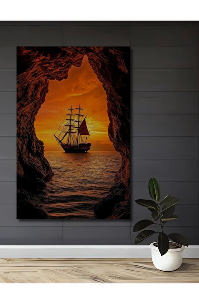 Teona Ahşap Navă mare cu pânze, cu vedere la apus de soare, masă decorativă d...
