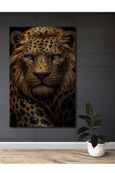 Teona Ahşap Tablou decorativ din lemn cu artă leopardă aurie strălucitoare
