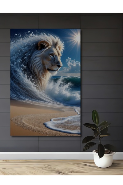 Teona Ahşap Tablou decorativ din lemn cu peisaj marin cu leu, cu aspect de ac...