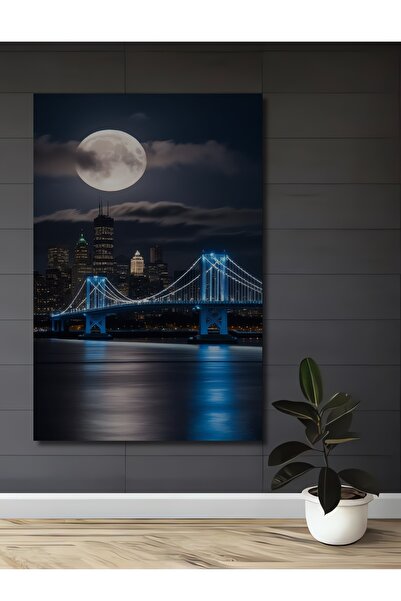 Teona Ahşap Peisaj de pod în lumina lunii gigantice, tablou decorativ din lem...