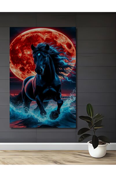 Teona Ahşap Διακοσμητικό ξύλινο τραπέζι με ελαιογραφία μαύρου αλόγου στο Red ...