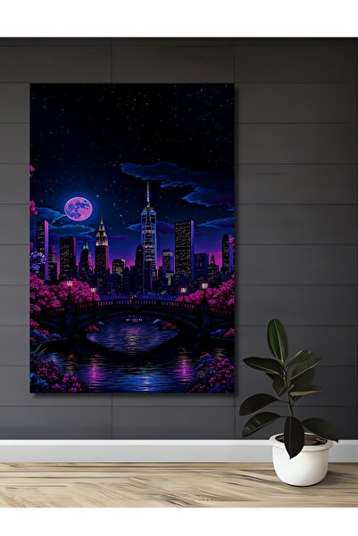 Teona Ahşap Tablou decorativ din lemn cu aspect de acuarelă, peisaj nocturn d...