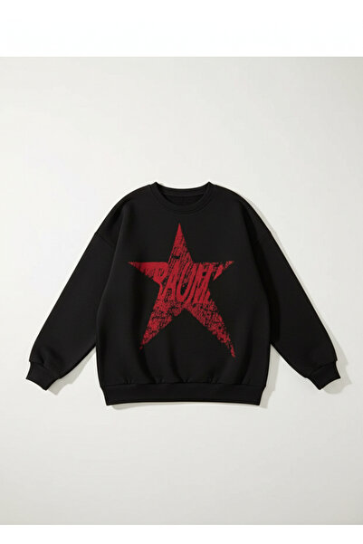 Mayer Butik Unisex Erkek/Kadın Yıldız Baskılı Oversize Bisiklet Yaka Sweatshirt