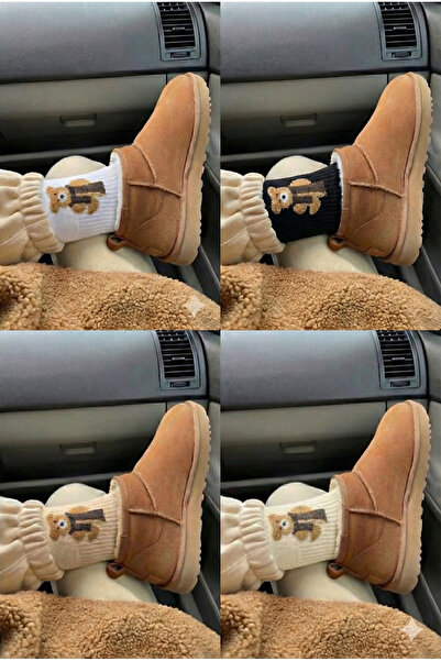 TGSocks 4’lü Ayıcık Desenli Kadın Soket Çorap Seti | Siyah – Beyaz – Bej – Krem | Yumuşak & Günlük Kullanım