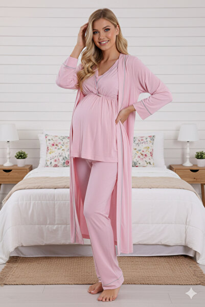 Lohussa New Season Pink Piped Special Design 100% Cotton Long Sleeve Maternity Dressing Gown, Pajama Set