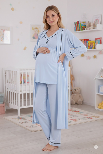 Lohussa New Season Blue Piped Special Design 100% Cotton Long Sleeve Maternity Dressing Gown, Pajama Set