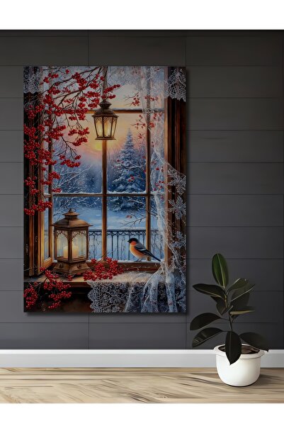 Teona Ahşap Kış Manzaralı Çiçekli Pencere Sulu Boya Görünümlü Ahşap Dekoratif Ev,Antre,Salon,Ofis,Mutfak Tablo