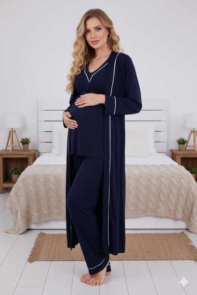 Lohussa New Season Navy Blue Piped Special Design 100% Cotton Long Sleeve Mat...