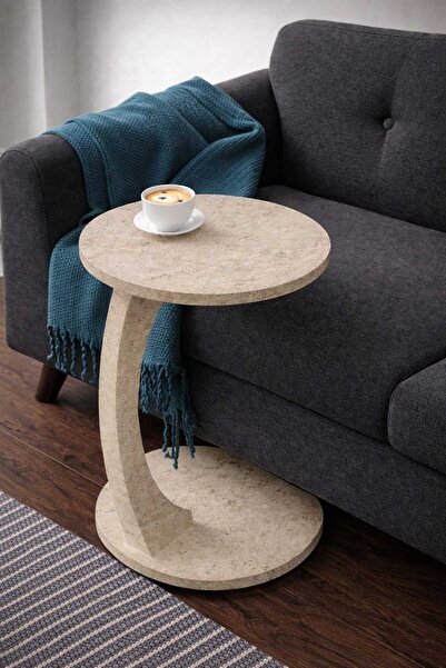 İMOKA DİZAYN Tekerlekli C Sehpa Koltuk Yanı Zigon Servis Sehpası - Traverten